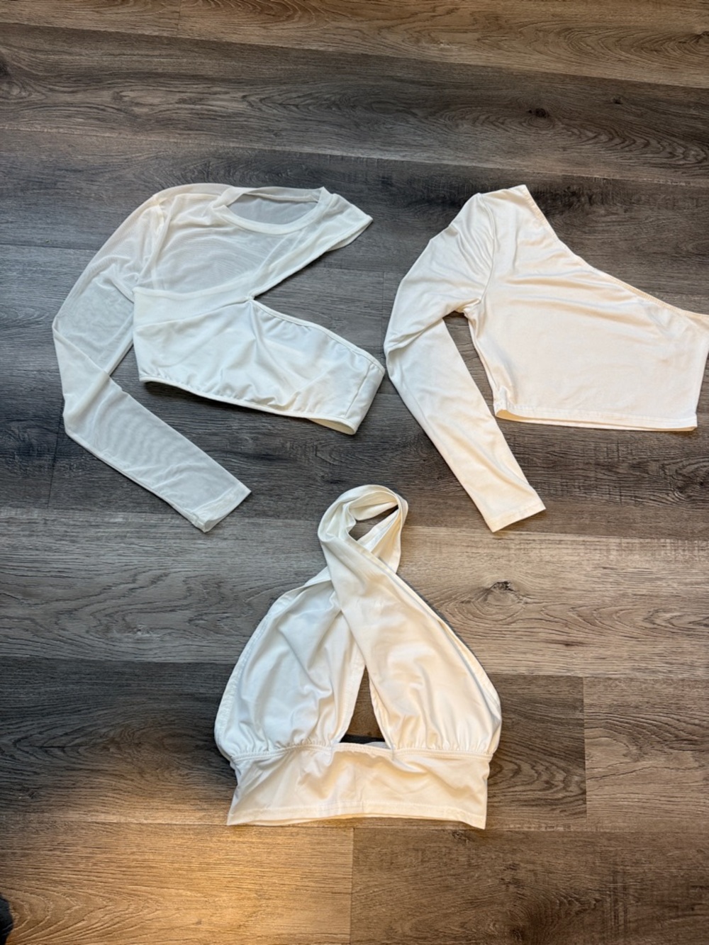 SHEIN White Trio: Asymmetric Mesh, Long Sleeve & Halter Crop Tops - Picture 2 of 5